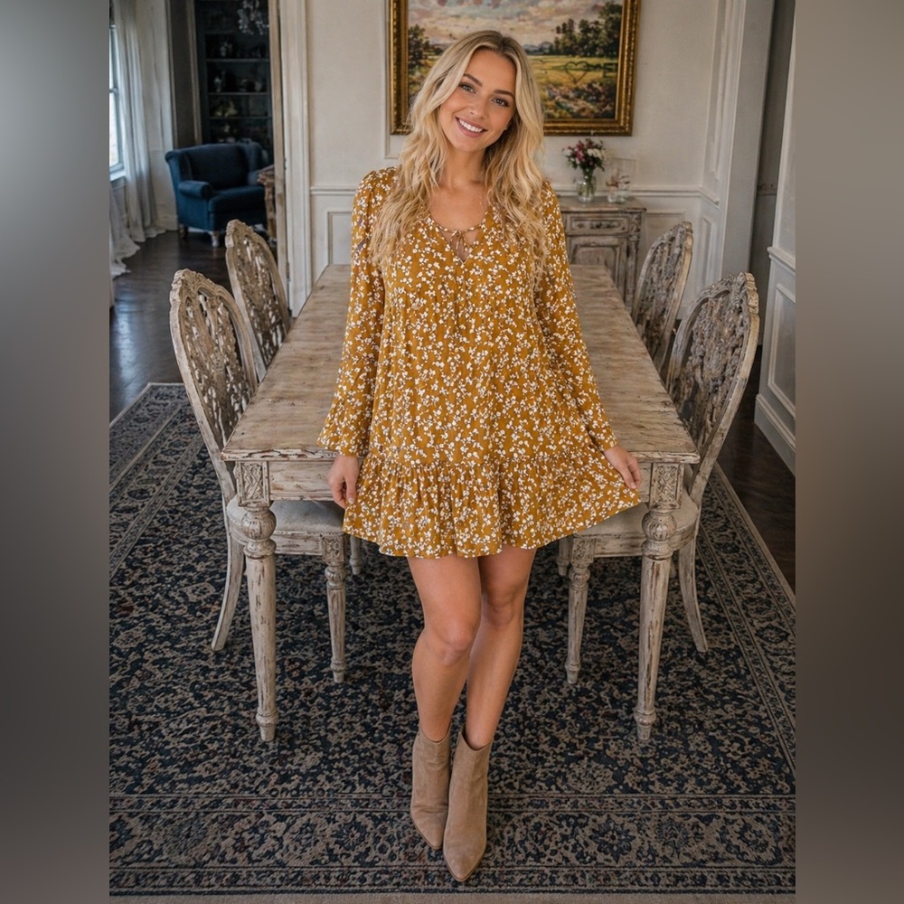 Peach Love California Mustard Floral V-Neck Mini Dress